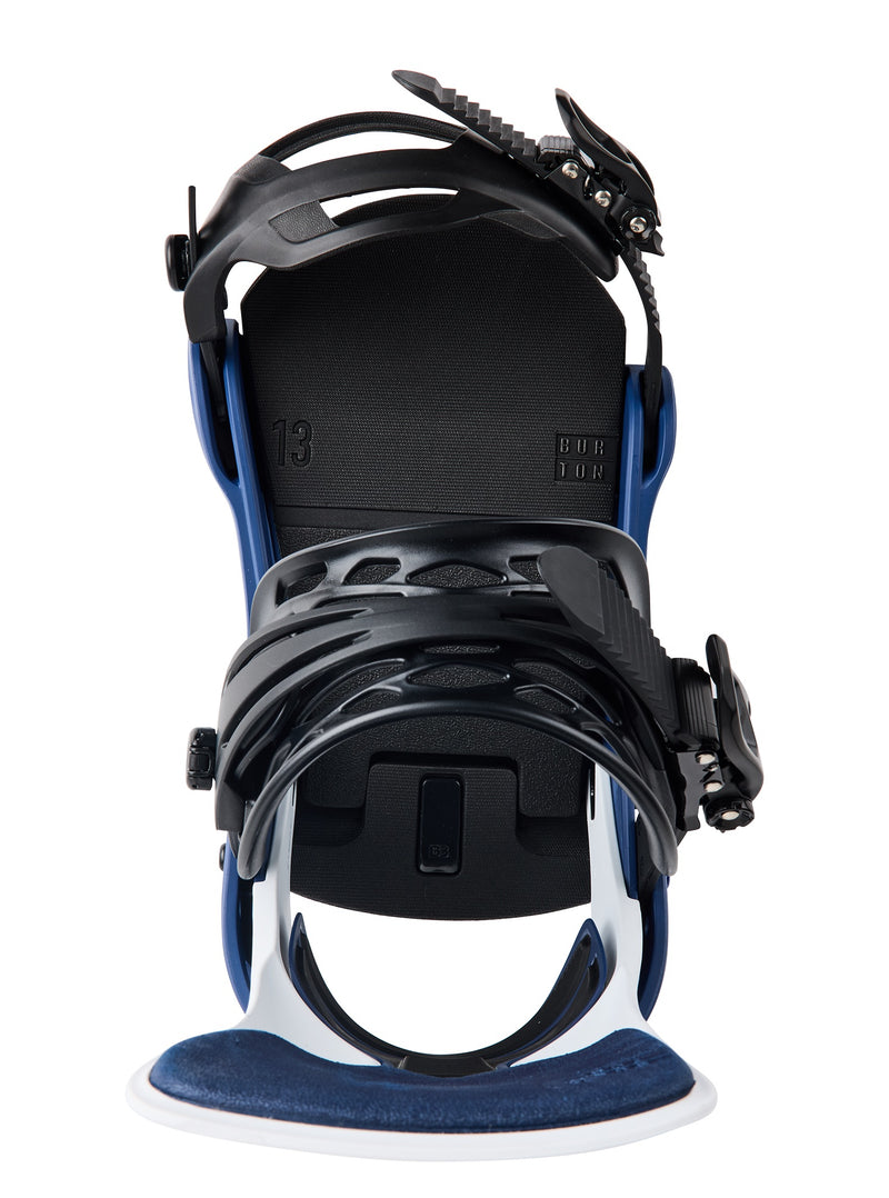 Load image into Gallery viewer, Black and blue snowboard binding on a white background

