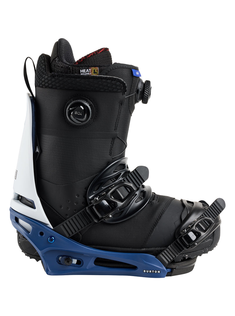 Load image into Gallery viewer, Black and blue ski boot and binding on a white background
