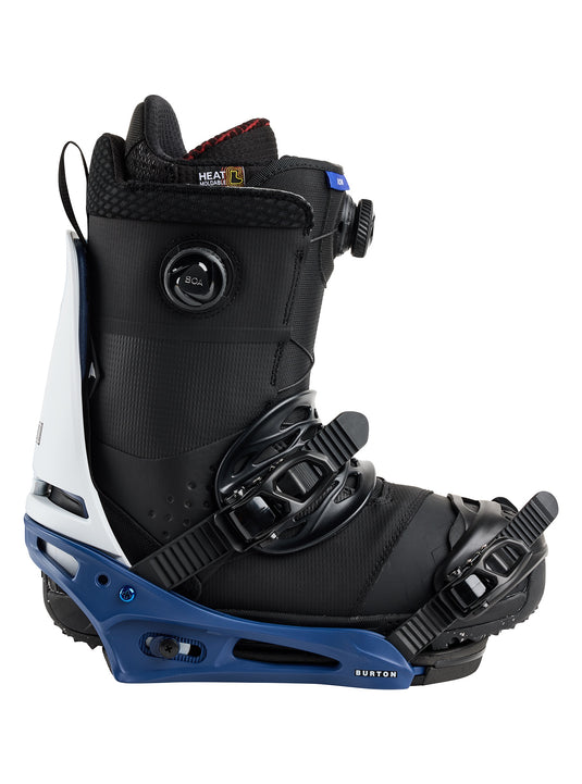 Black and blue ski boot and binding on a white background
