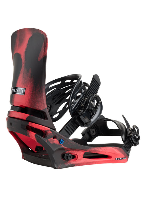 Burton Men's Cartel X Re:Flex Snowboard Bindings in red and black color scheme featuring a full view of the binding with buckles and hi-back visible.