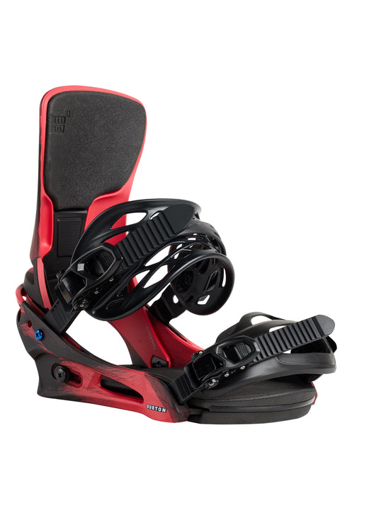 Red and black snowboard binding on a white background