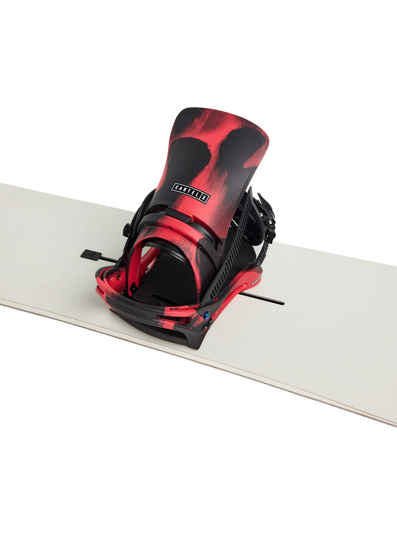Load image into Gallery viewer, Red and black snowboard binding on a white background
