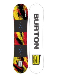 Burton Kids' Grom Snowboard featuring a vibrant multicolored design with a predominantly red and yellow motif, black binding areas, and the Burton logo prominently displayed.