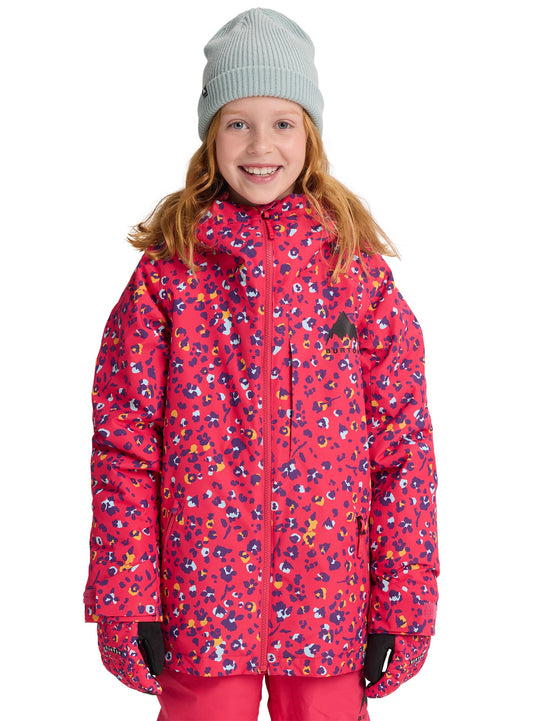 Child wearing a colorful floral-patterned Burton jacket on a white background