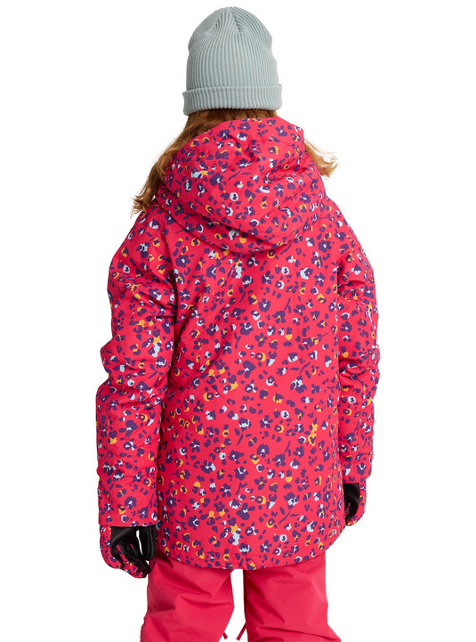Person wearing a pink snowsuit with a patterned hood on a white background