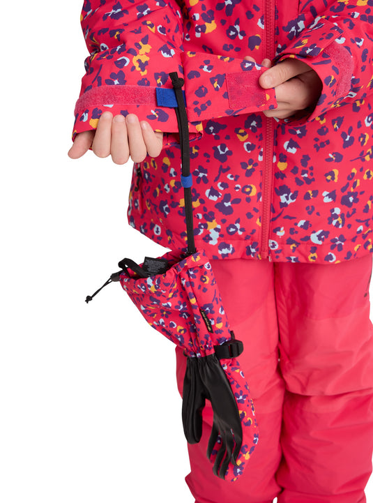 Child wearing a colorful pink Burton snow jacket with floral pattern on a white background
