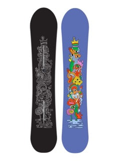 Burton Counterbalance Camber Snowboard featuring a black top with a white graphic design and a blue bottom with a multicolored character pattern.