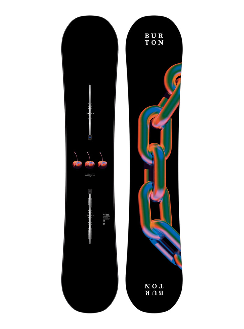 Load image into Gallery viewer, A Burton Cultivator Flat Top Snowboard a black base featuring a reddish and green chain design on a white background.
