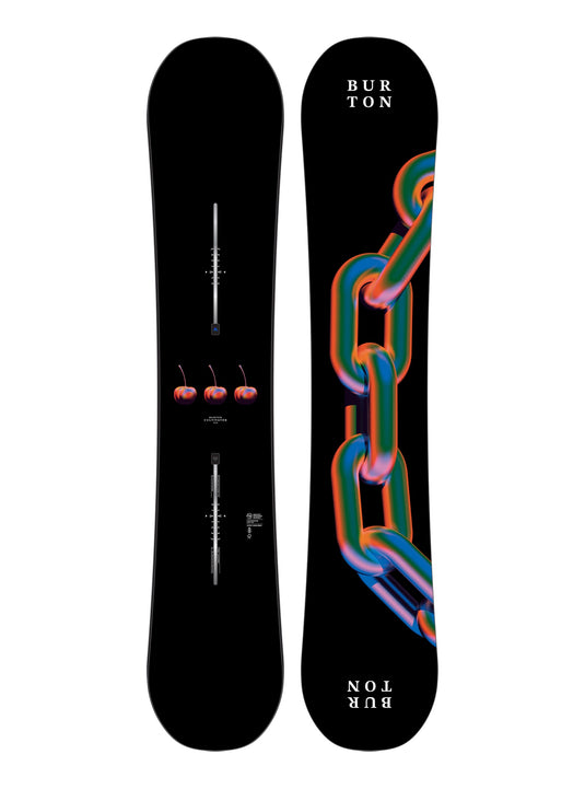 A Burton Cultivator Flat Top Snowboard a black base featuring a reddish and green chain design on a white background.