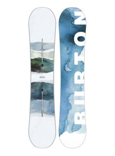 A Burton Cultivator Flat Top Snowboard featuring a blue and green abstract design on a white background.