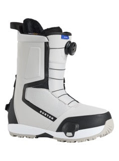 A white Burton men's snowboard boot with black detailing and a BOA lacing system.