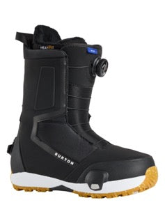 Load image into Gallery viewer, A black Burton men&#39;s snowboard boot with white and brown detailing and a BOA lacing system.
