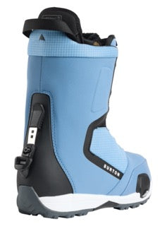 Blue snow boot with black accents on a white background