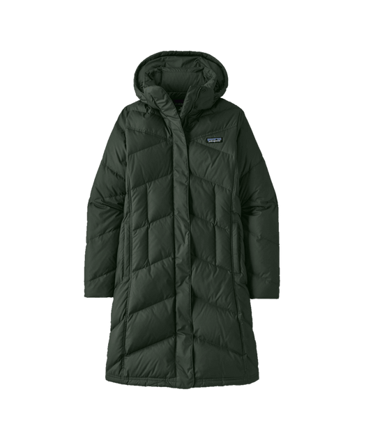 Dark green puffer coat with a brand logo on a transparent background