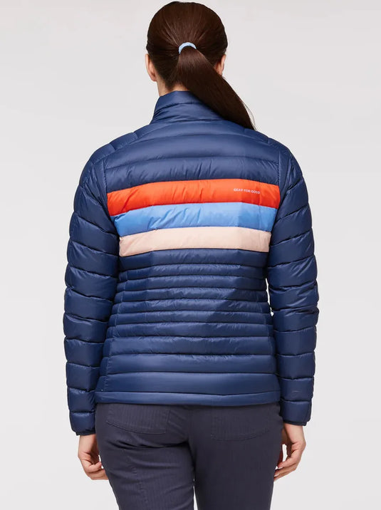 back of blue puffer zip jacket with multi color stripes
