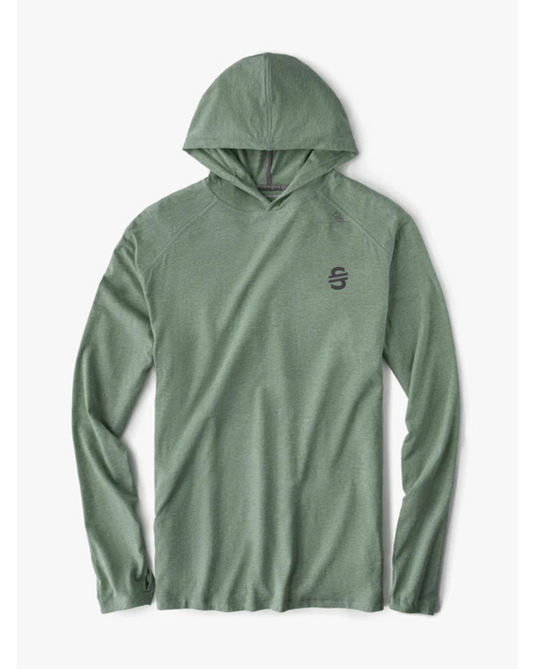 Green hoodie with a small logo on a white background