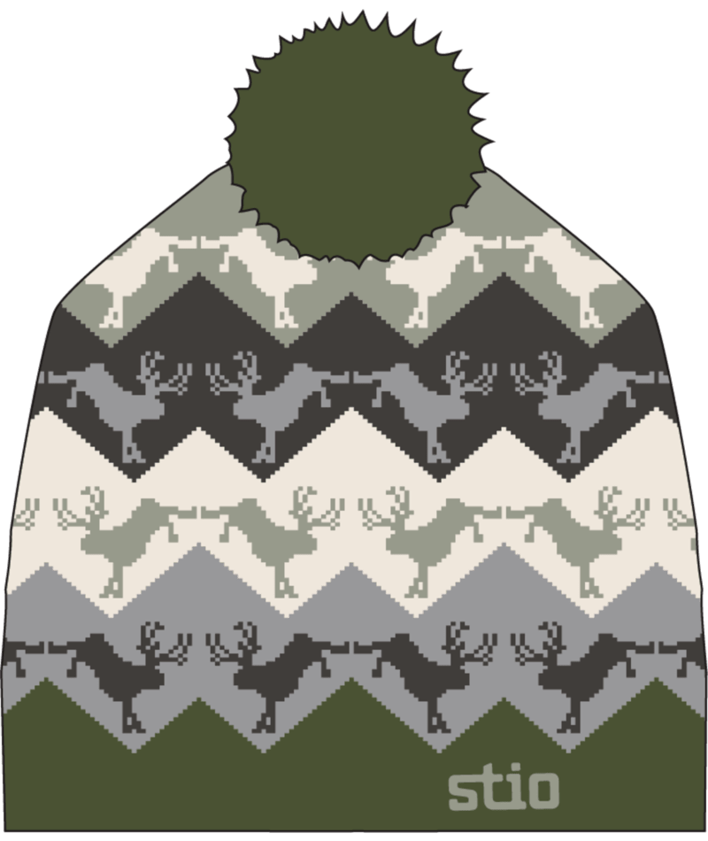 Load image into Gallery viewer, Knitted hat with reindeer pattern and &#39;stio&#39; branding on a green background
