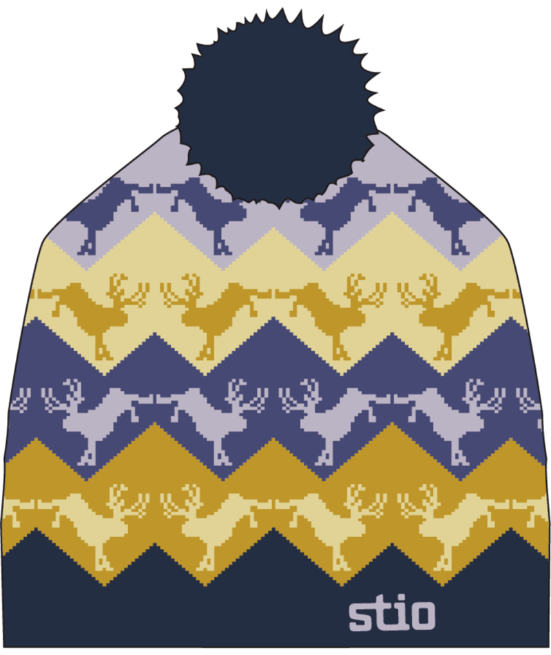 Load image into Gallery viewer, Knitted hat with reindeer pattern and &#39;stio&#39; branding on a green background
