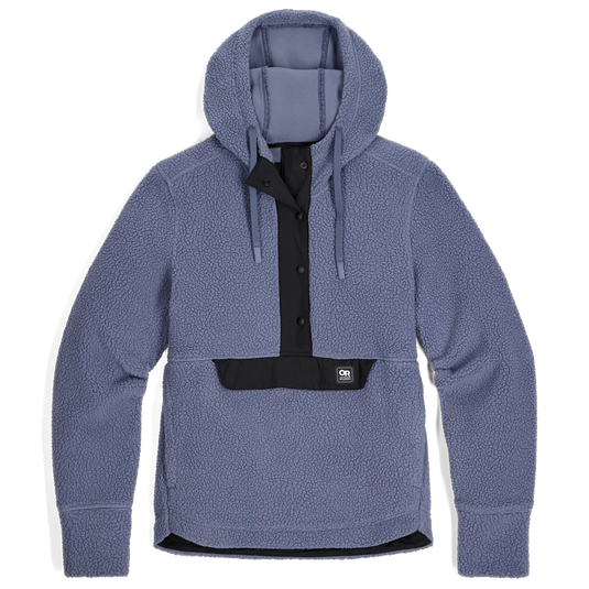 Blue fleece hoodie with black accents on a white background