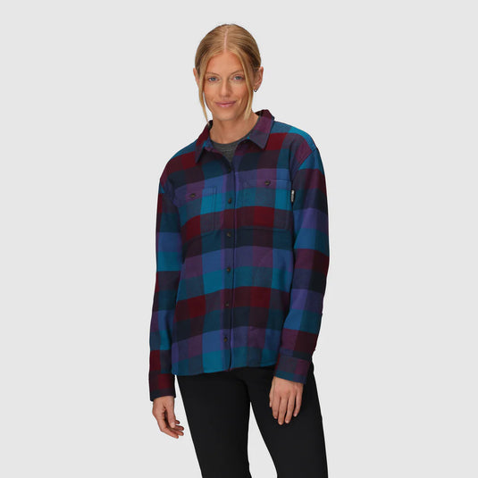 women's flannel button up shirt with red and blue hues