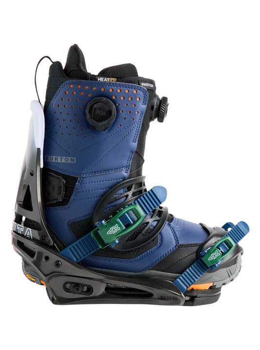 Burton men's malavita snowboard binding with boot shown fitting the binding. Ski and Tennis Station.