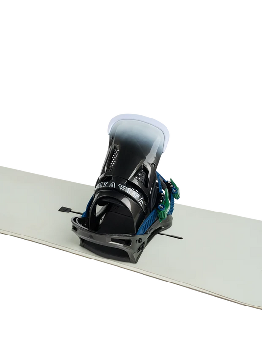 Burton men's malavita snowboard binding on a snowboard. Ski and Tennis Station.
