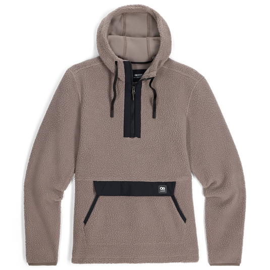 Brown fleece pullover with black accents on a white background