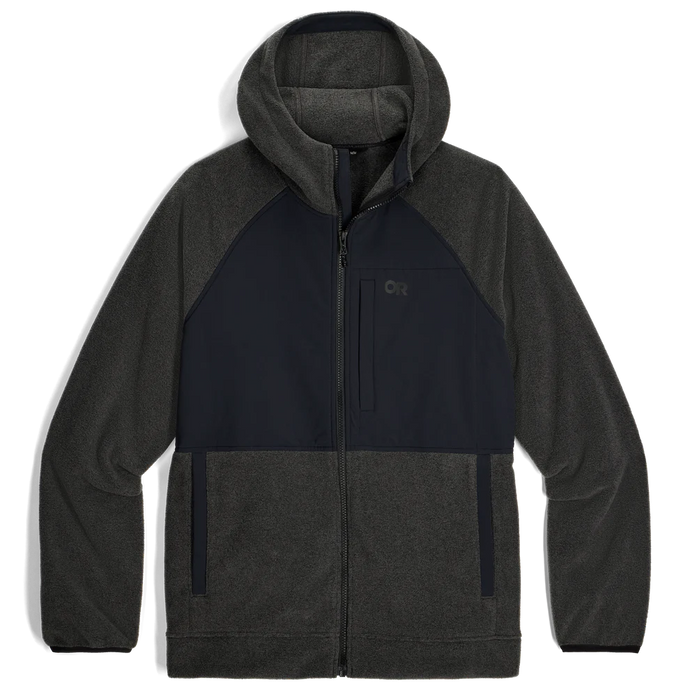 Two-tone gray and black hoodie with a OR logo on a white background
