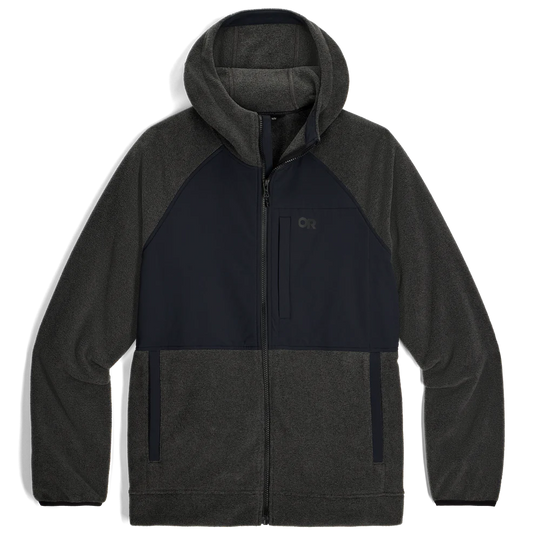 Two-tone gray and black hoodie with a OR logo on a white background