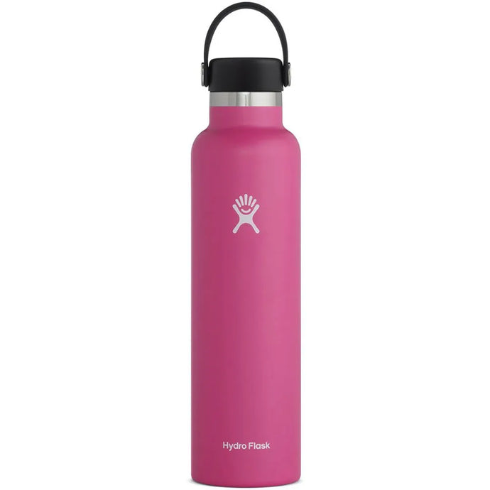 A pink Hydro Flask 24oz Standard Mouth insulated water bottle with a black lid and a honeycomb pattern on the cap.