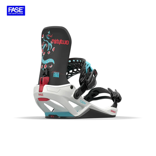 Snowboard binding with colorful design on a white background