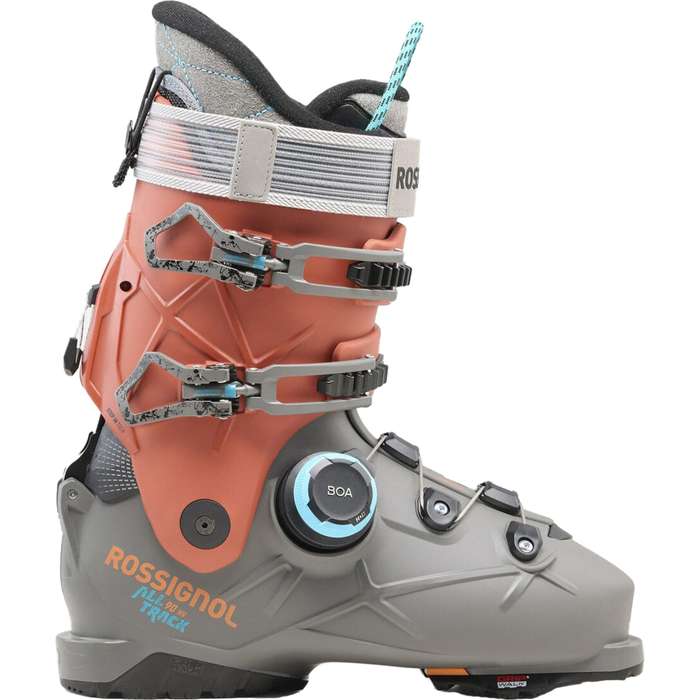 Load image into Gallery viewer, A Rossignol alltrack 90 men's ski boot in a gray and coral orange colorway, featuring a dial closure system and multiple buckles, shown against a plain white background. Ski and Tennis Station
