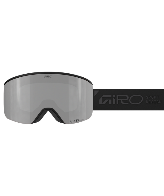 Giro ski goggles with black frame and silver lens on a white background