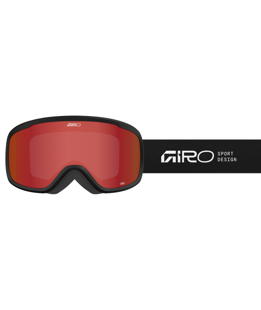 Red ski goggles with black frame on a white background, featuring the Giro logo.