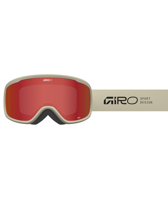 Red ski goggles with beige frame on a white background, featuring the Giro logo.