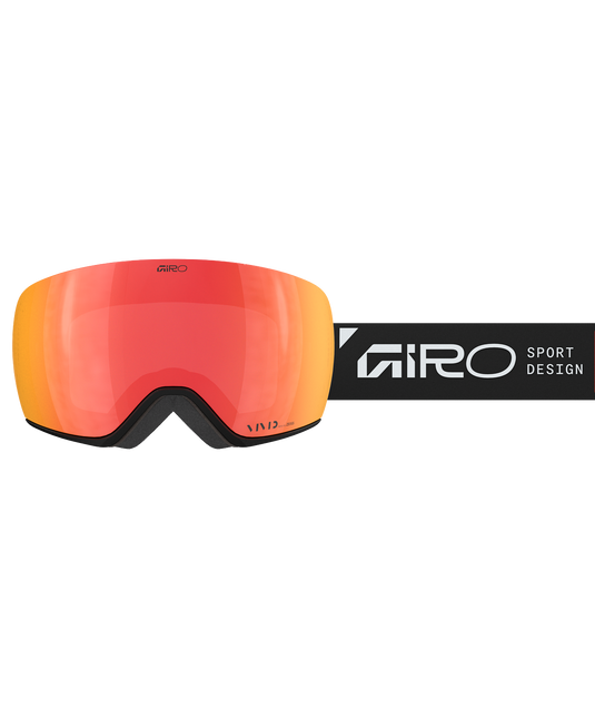 Giro ski goggles with a red and orange lens on a white background