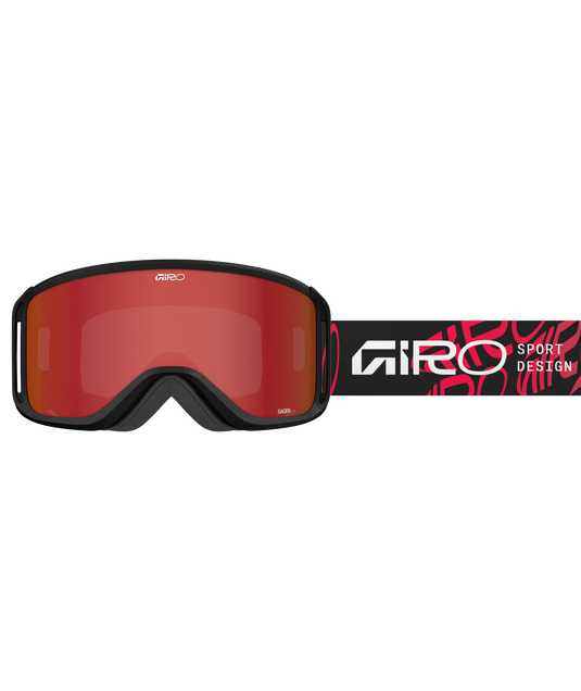 Black ski goggles with red lens and Giro logo on a white background