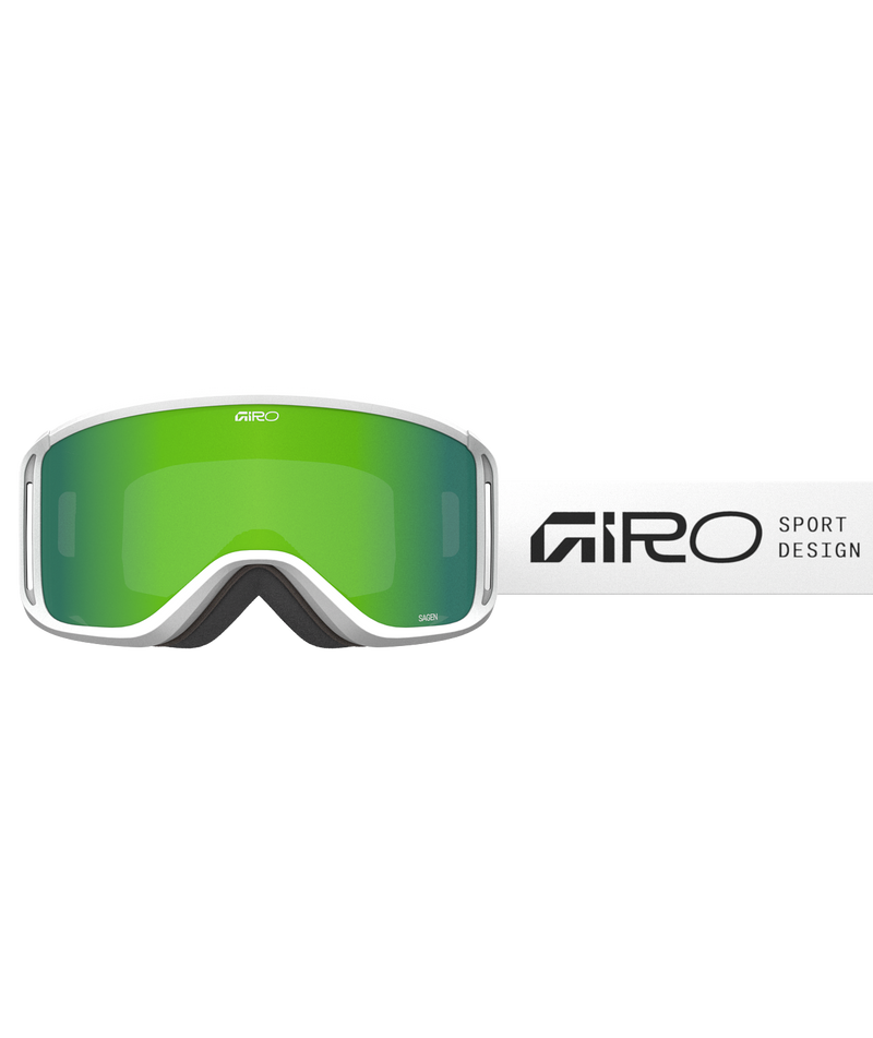 Load image into Gallery viewer, White goggles with green lenses on a white background, featuring the Giro logo.
