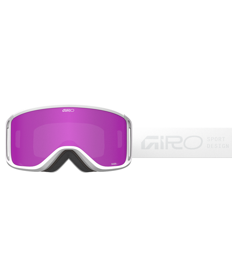 Load image into Gallery viewer, White ski goggles with purple lenses on a white background
