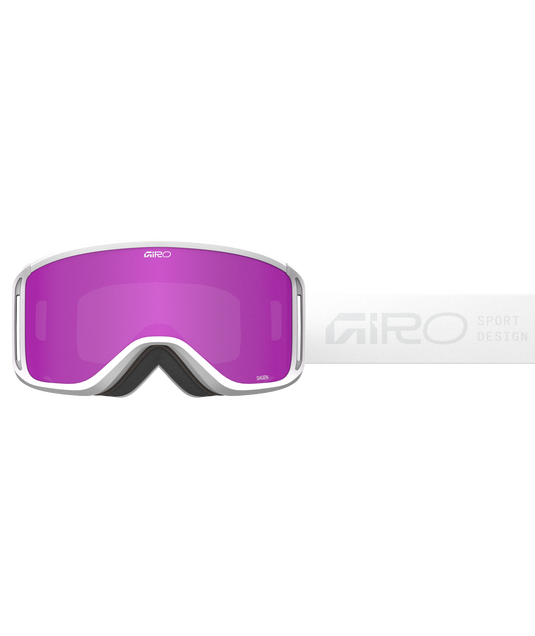 White ski goggles with purple lenses on a white background