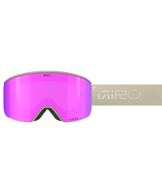 Pink goggles with a visible brand logo on a white background