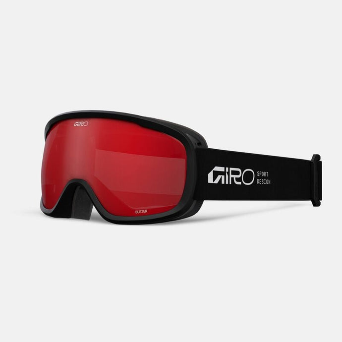 Red ski goggles with black frame and 'Giro' branding on a white background
