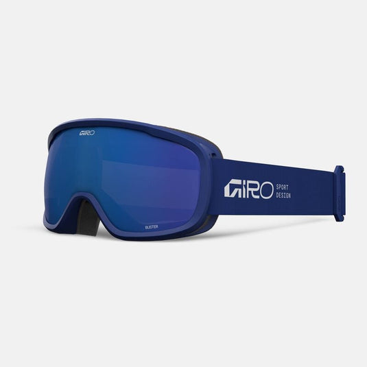 Blue ski goggles with 'Giro' branding on a white background