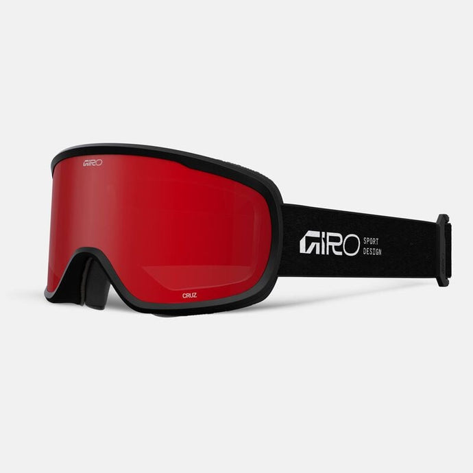 Red ski goggles with black frame and 'Giro' branding on a white background