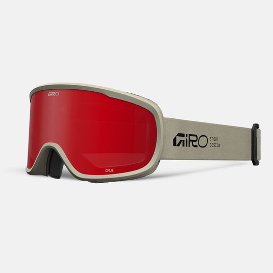 Red ski goggles with beige frame and 'Giro' logo on a white background