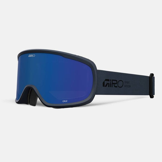 Blue ski goggles with black frame and strap on a white background
