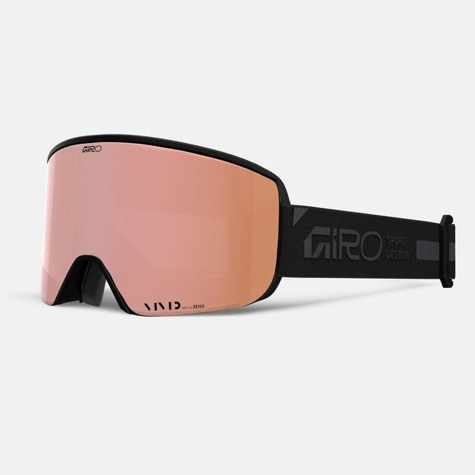 Ski goggles with pink lens and black frame on a white background