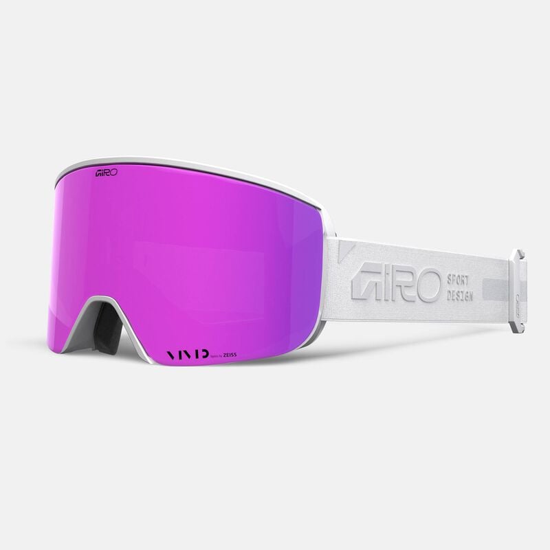 Load image into Gallery viewer, Ski goggles with purple lens and white frame on a light gray background
