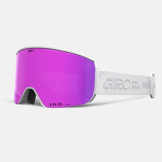 Ski goggles with purple lens and white frame on a light gray background