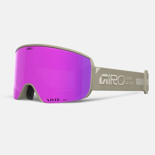 Giro ski goggles with purple lens and beige frame on a white background